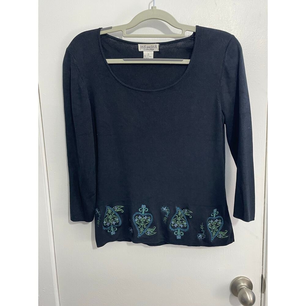 Y2K Due Per Due Silk Blouse Silk Black Ribbed Cropped Embroidered 3/4 Sleeve